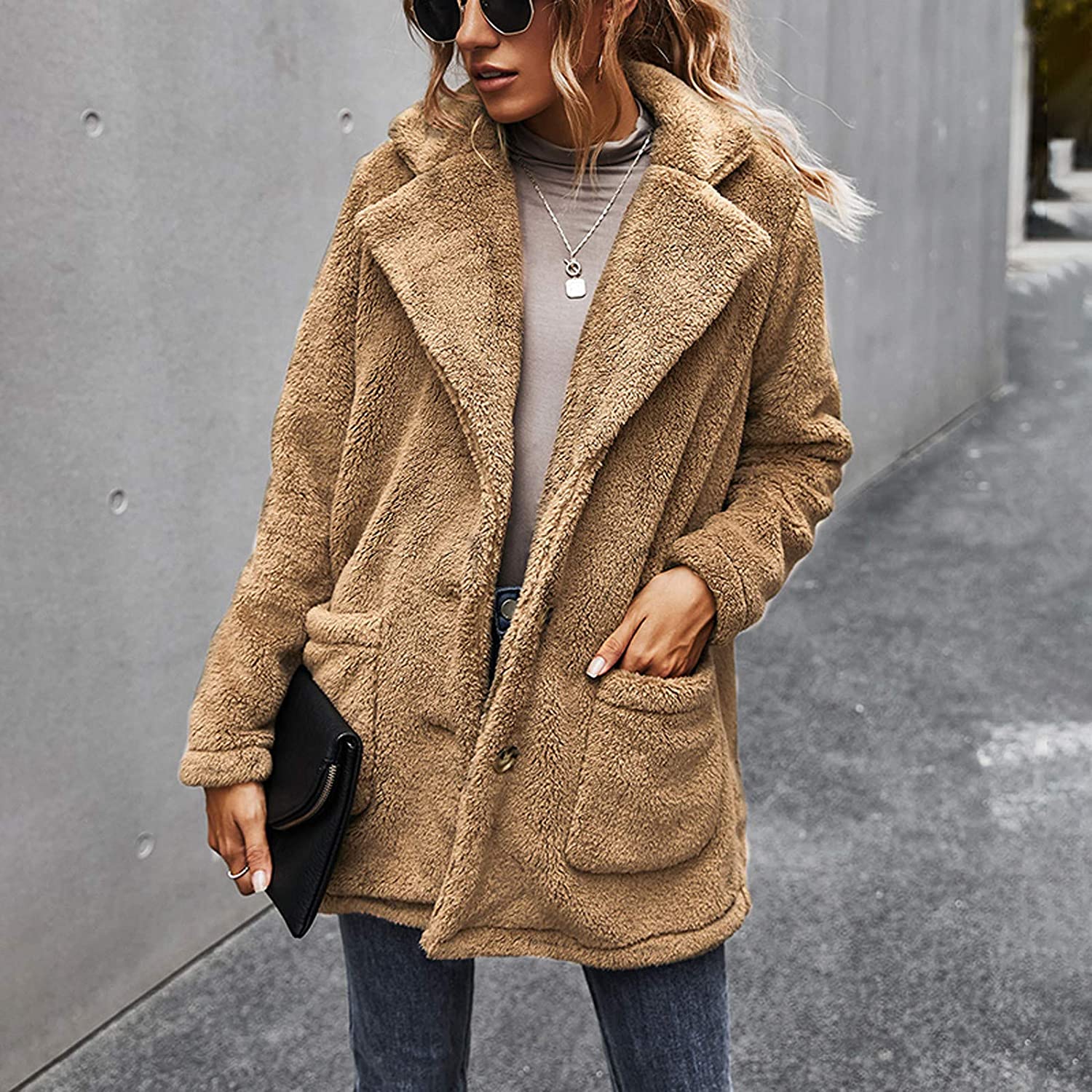 Dosoop Women Solid Color Fleece Long Sleeve Sweatshirt Fleece Pullover Outwear Cardigan Button Keep 