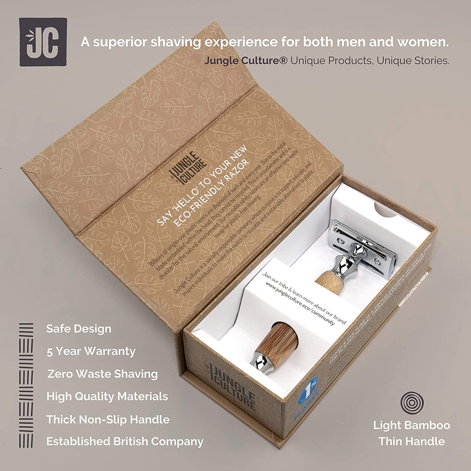 Jungle Culture Bamboo Safety Razor for Men & Women | Premium Eco Friendly Razor & Travel Bag | Fits