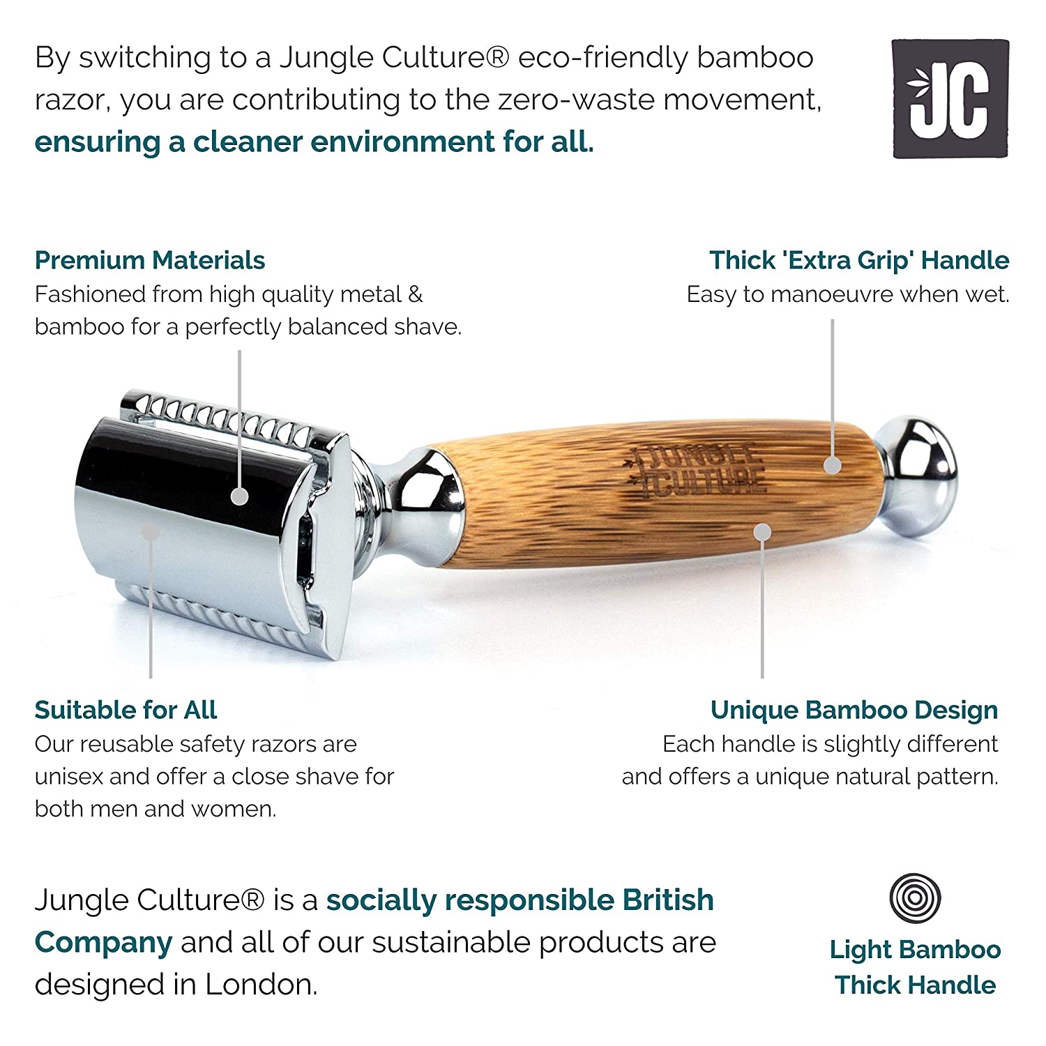 Jungle Culture Bamboo Safety Razor for Men & Women | Premium Eco Friendly Razor & Travel Bag | Fits