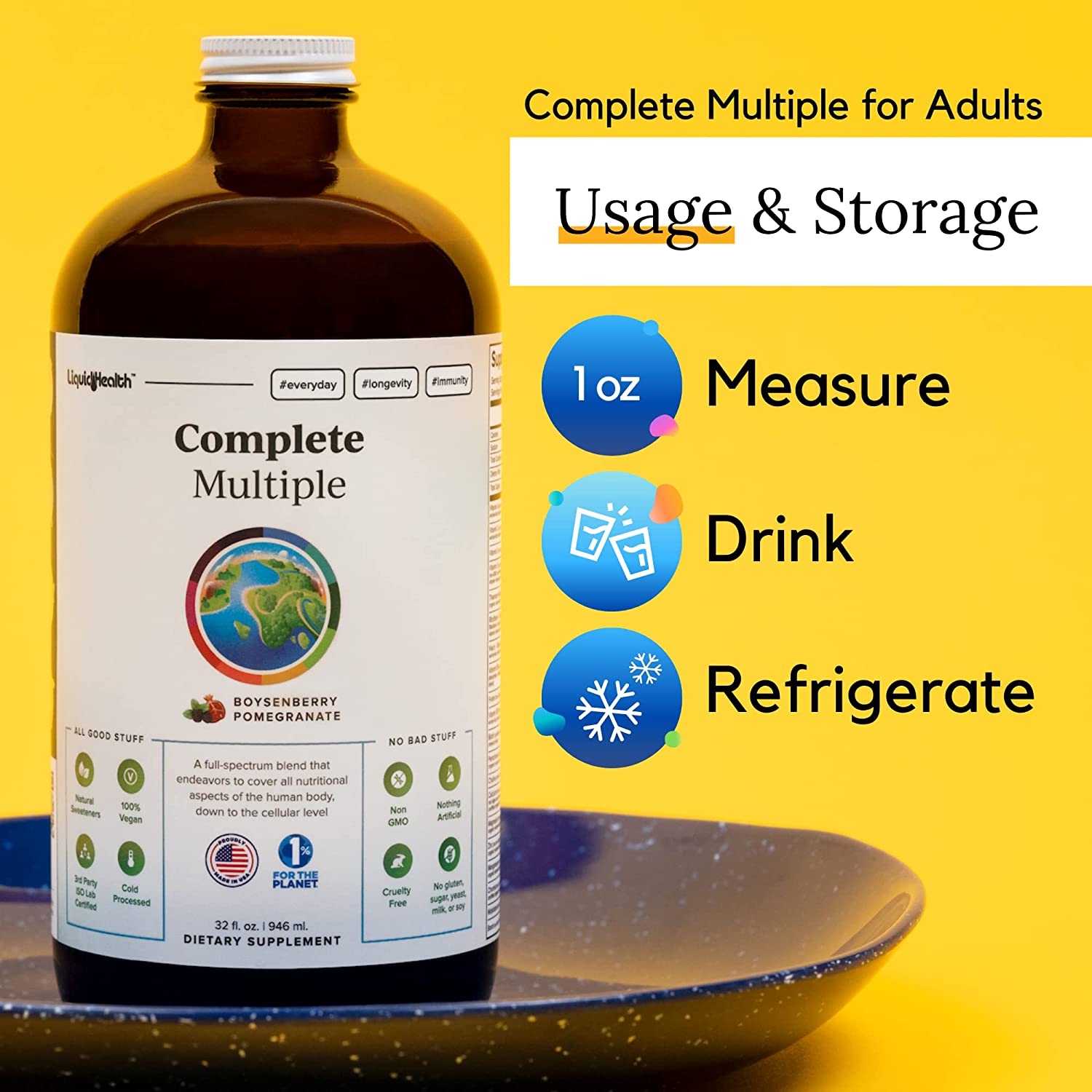 LiquidHealth Complete Multiple Liquid Multivitamin for Adults, Gluten-Free, Sugar-Free, Non-GMO, Veg