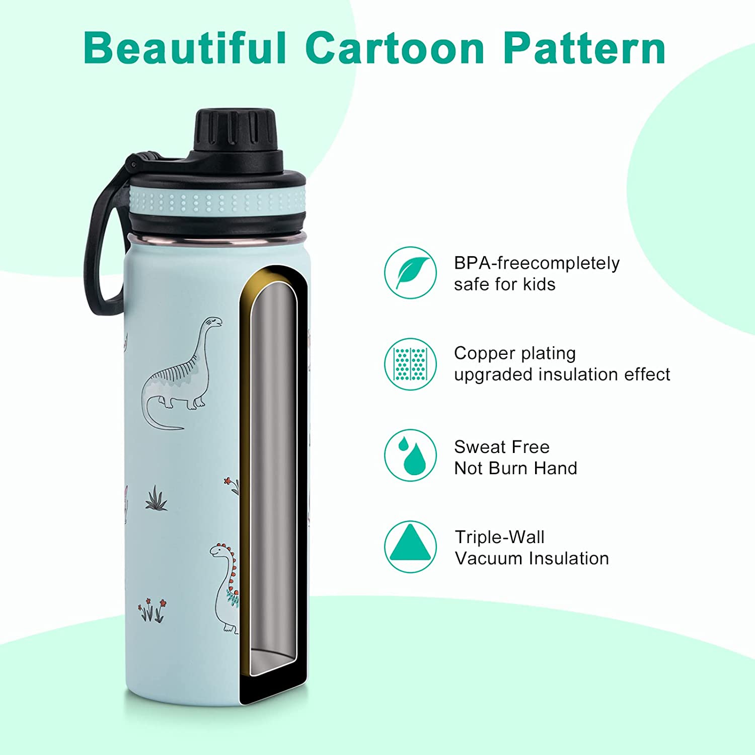 Koodee Kids Water Bottle,16 oz Stainless Steel Insulated Water Bottle with Leak proof Spout Lid (16 