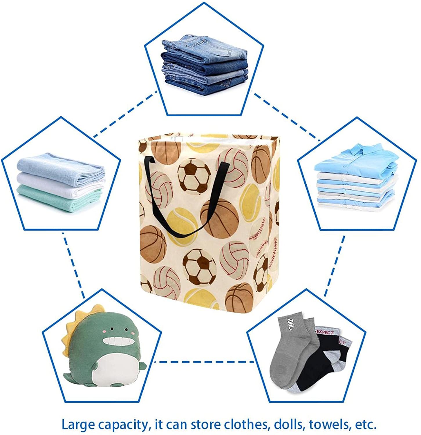 Sport Soccer Baseball Basketball Volleyball 60L Freestanding Laundry Hamper Collapsible Large Clothe