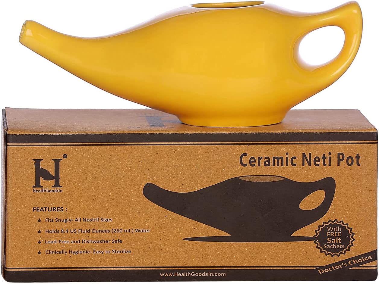 Premium Handcrafted Durable Ceramic Neti Pot with Salt for Sinus - Dishwasher Safe 225 Ml. - Best To