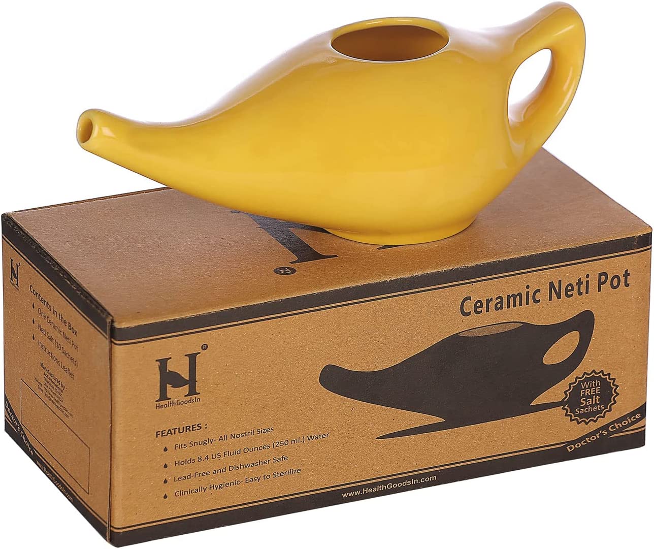 Premium Handcrafted Durable Ceramic Neti Pot with Salt for Sinus - Dishwasher Safe 225 Ml. - Best To