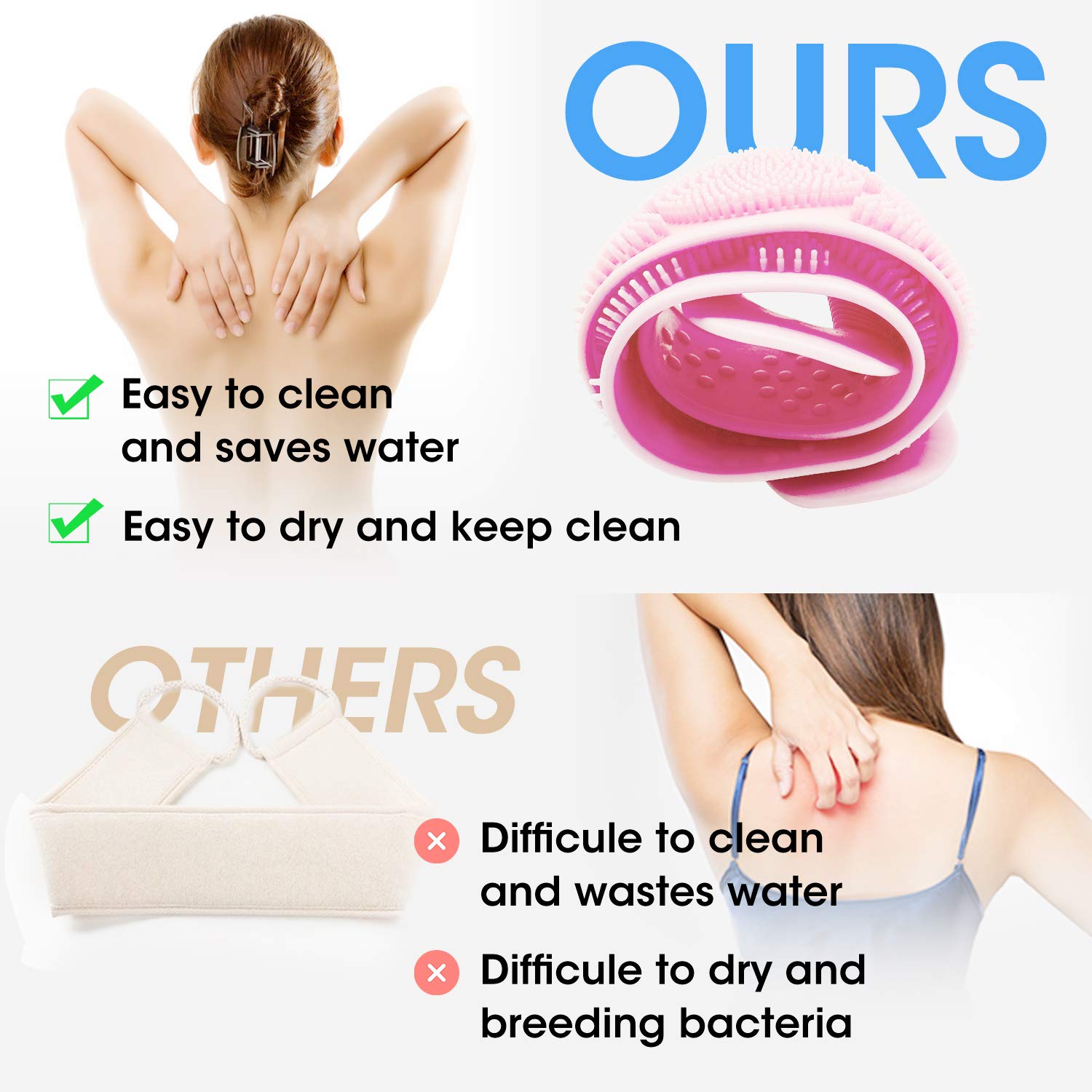 Silicone Bath Body Brush, Silicone Back Scrubber for Shower, Double Sided Back Washer for Shower, De