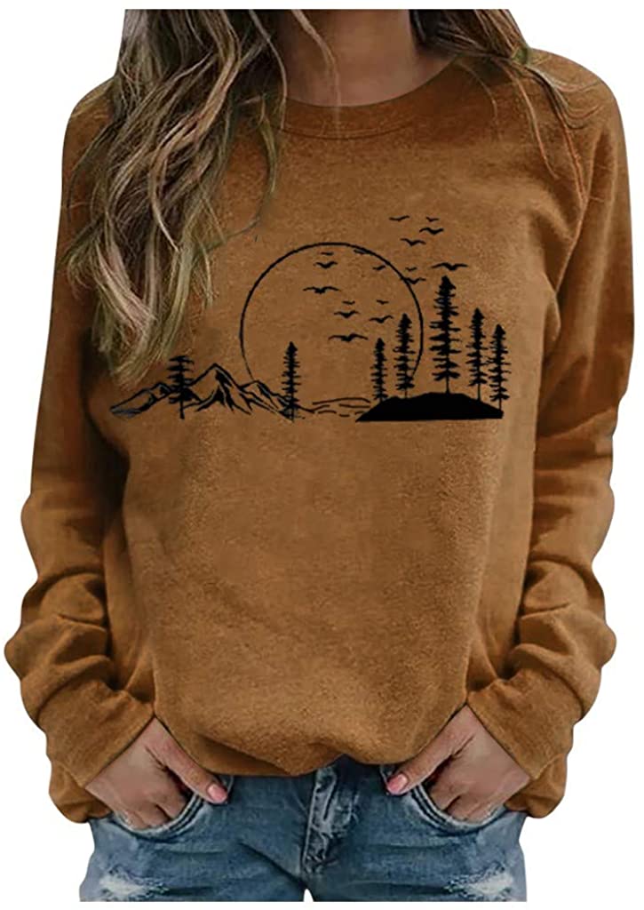 Sweatershirts for Women, Plus Size Womens Tops Scenery Printed Casual Crewneck Pullover Top Comfy Sw