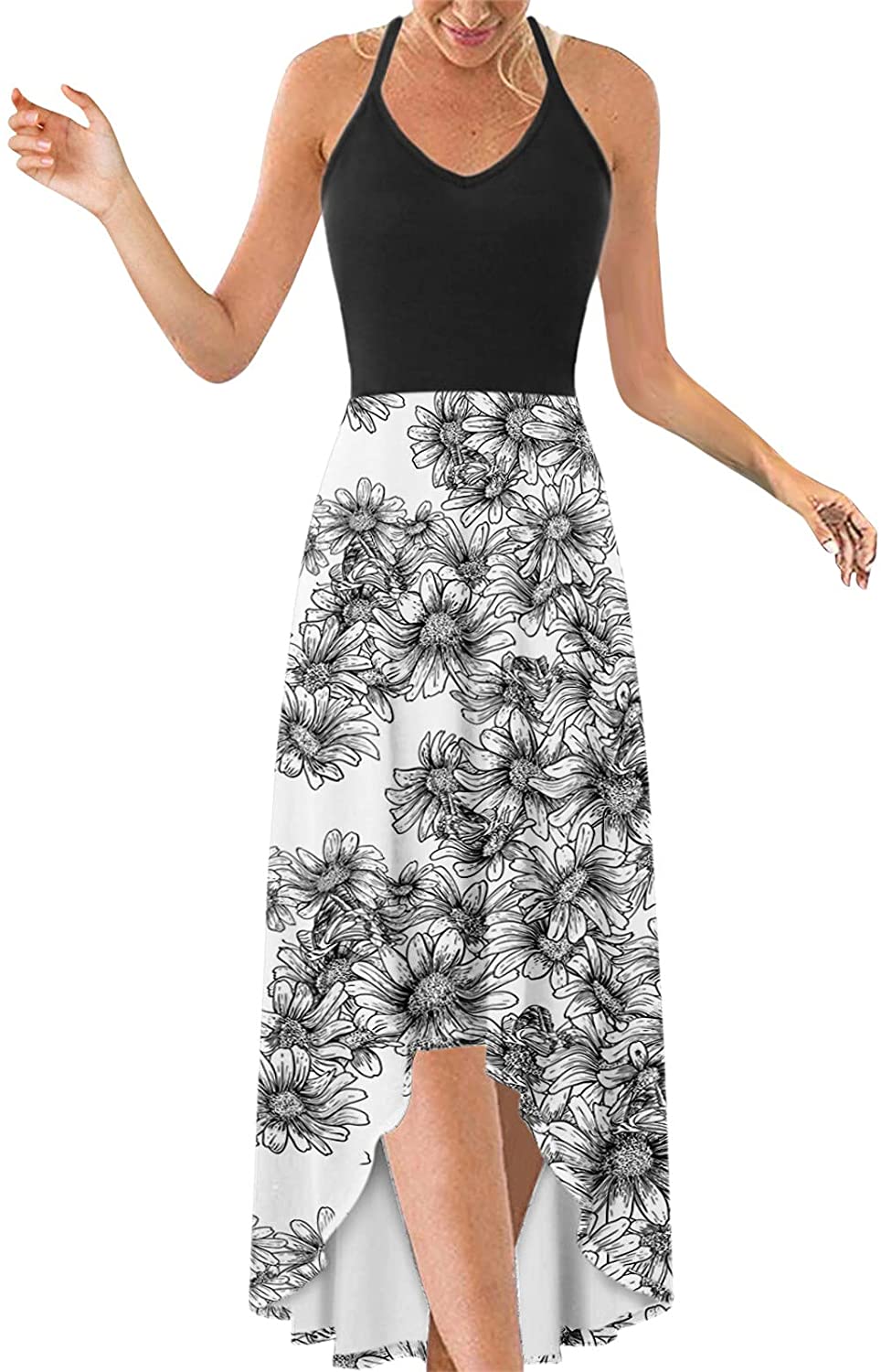 WYTong Women Sexy V-Neck Elegant Party Dress Irregular Hem Prints Long Party Dress Spaghetti Strap D