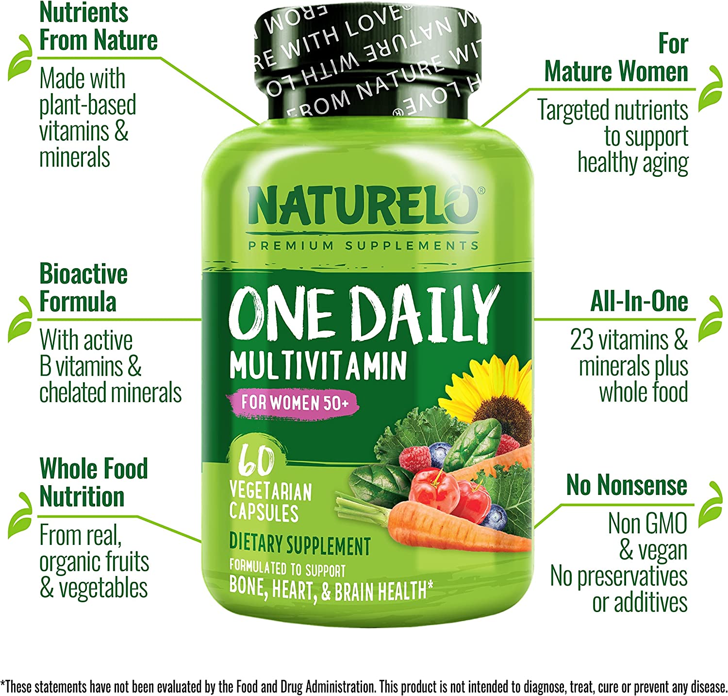 NATURELO One Daily Multivitamin for Women 50+ (Iron Free) - Menopause Support for Women Over 50 - Wh