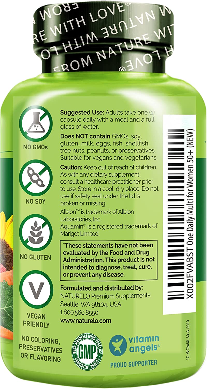 NATURELO One Daily Multivitamin for Women 50+ (Iron Free) - Menopause Support for Women Over 50 - Wh