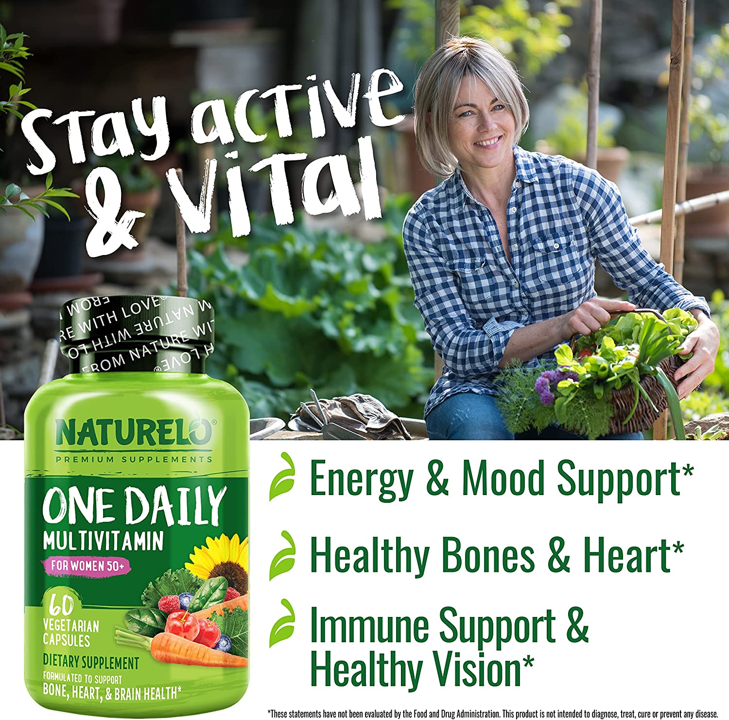 NATURELO One Daily Multivitamin for Women 50+ (Iron Free) - Menopause Support for Women Over 50 - Wh