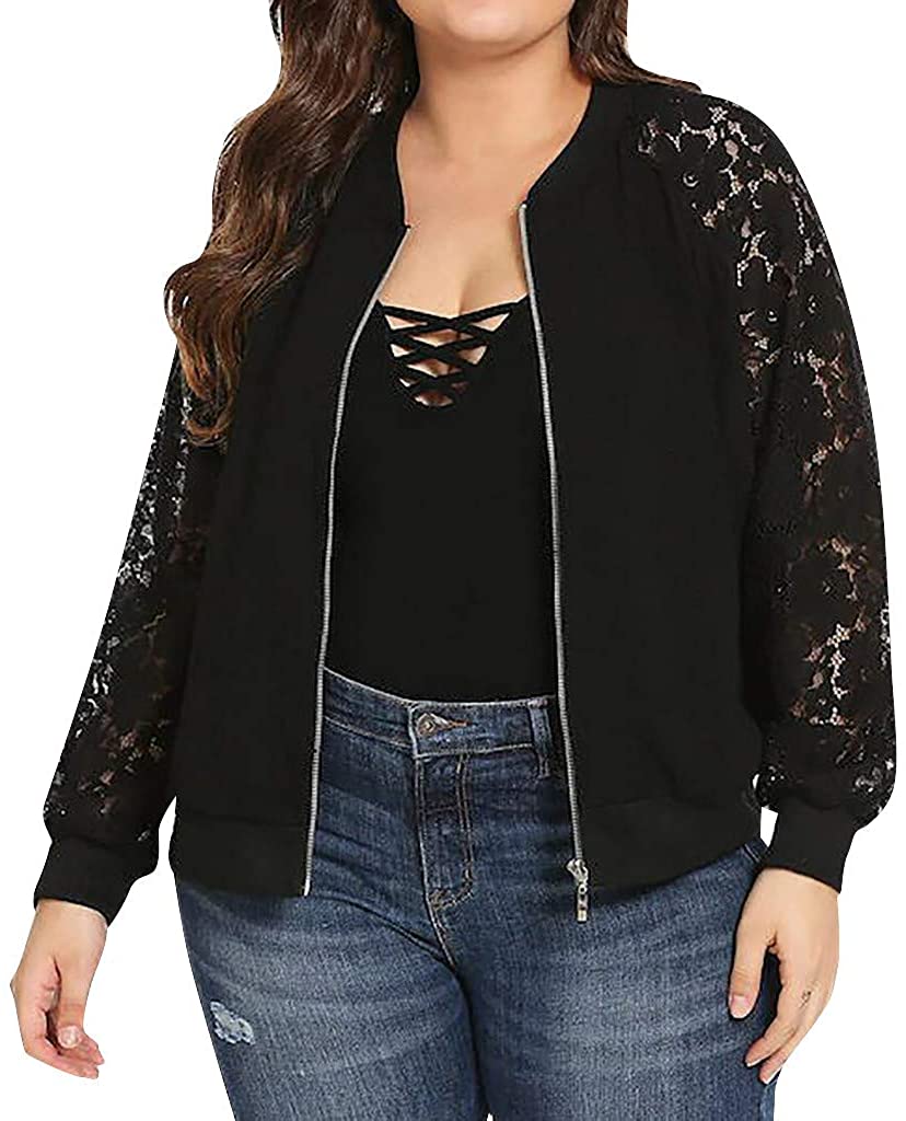 WUAI-Women Bomer Jackets Plus Size Casual Lace Loose Long Sleeve Coat Outwear Cardigans Tops