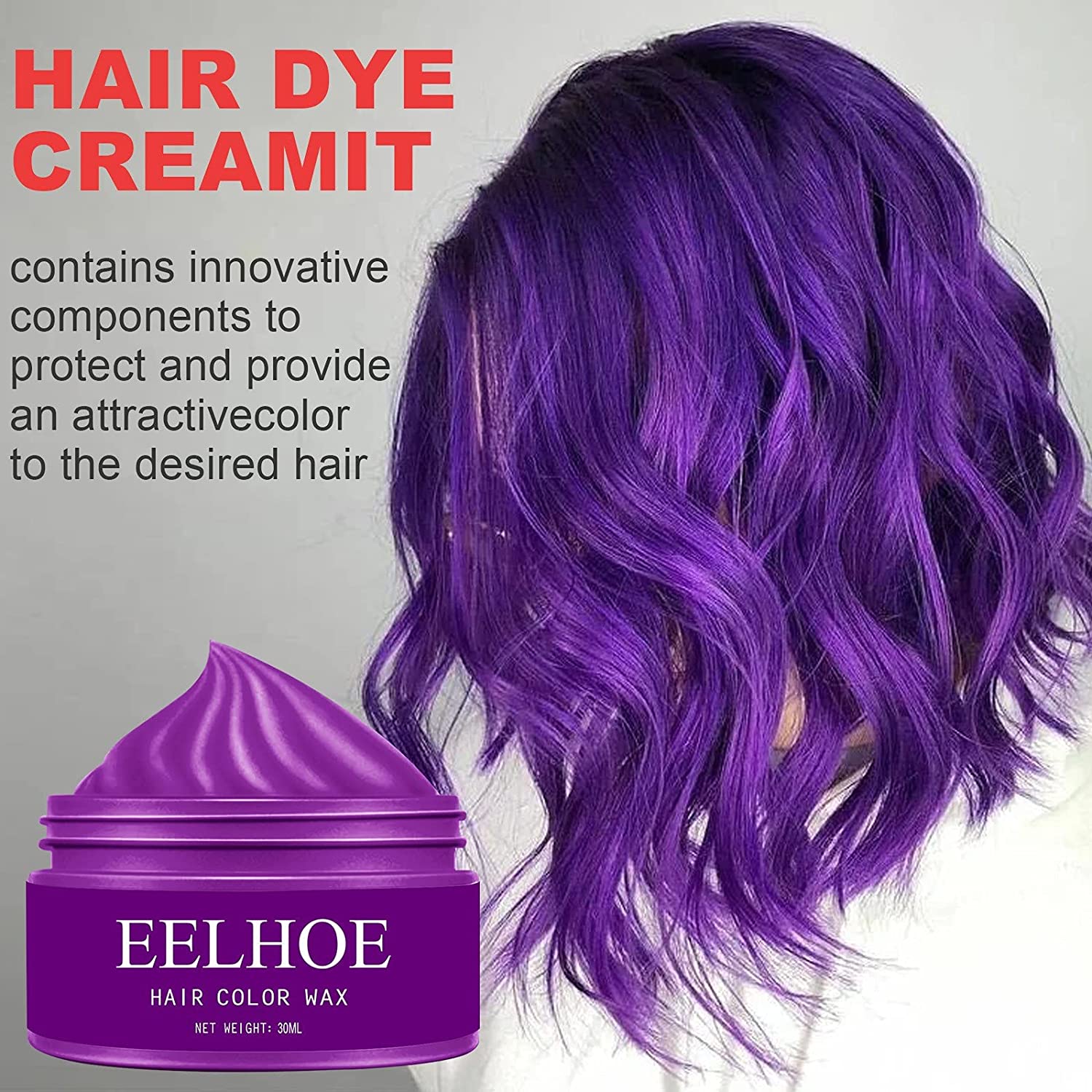 LAJI Color Dye Hair Wax Hair Styling Natural Fluffy Color Disposable Dye 30ML (30ML, purple)