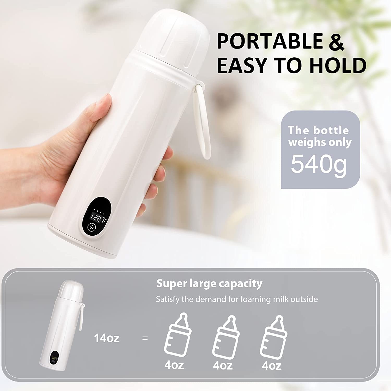 Portable Water Warmer, Milk Warmer for Breastmilk or Formula,14 Ounce Large Capacity, 9000mAh Batter