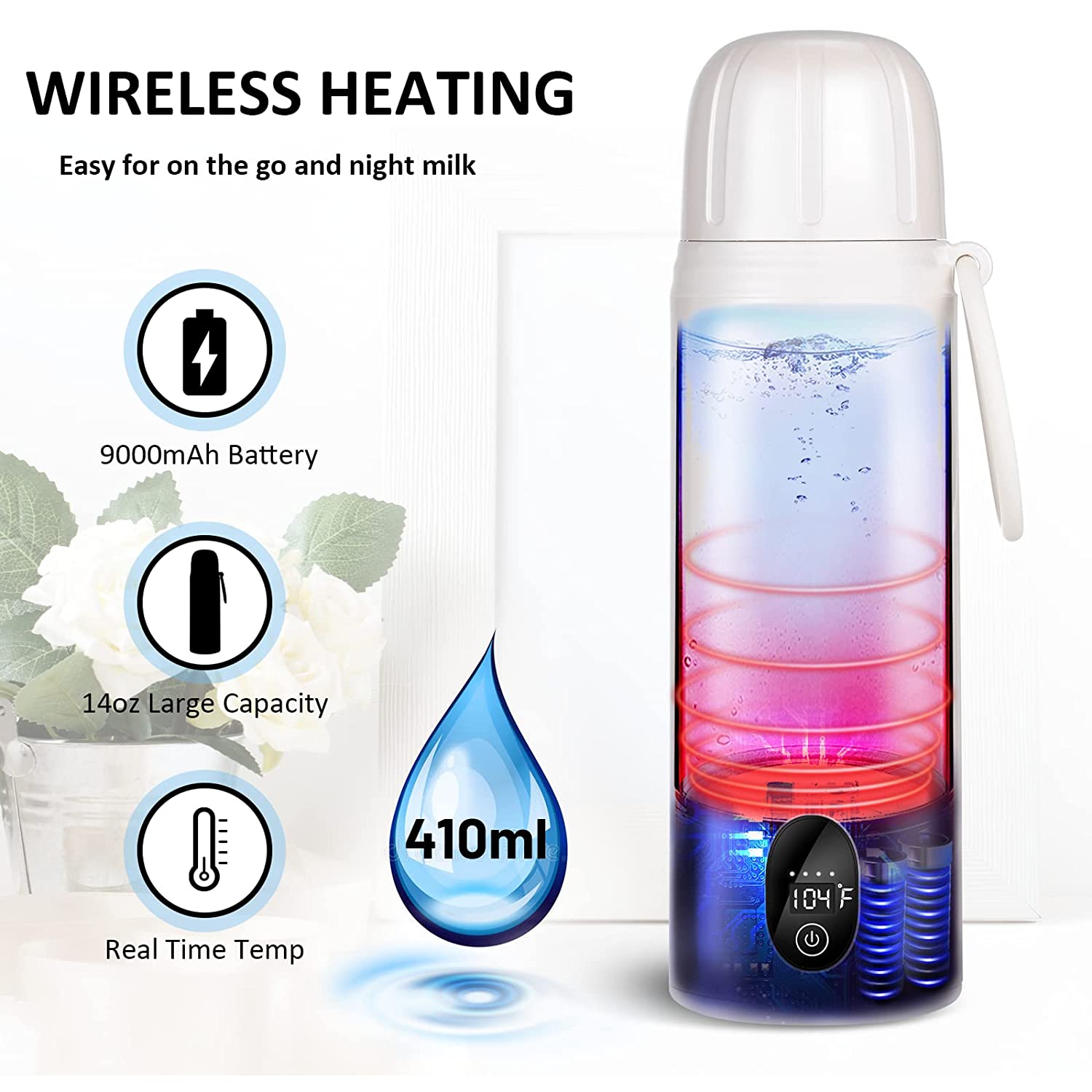 Portable Water Warmer, Milk Warmer for Breastmilk or Formula,14 Ounce Large Capacity, 9000mAh Batter