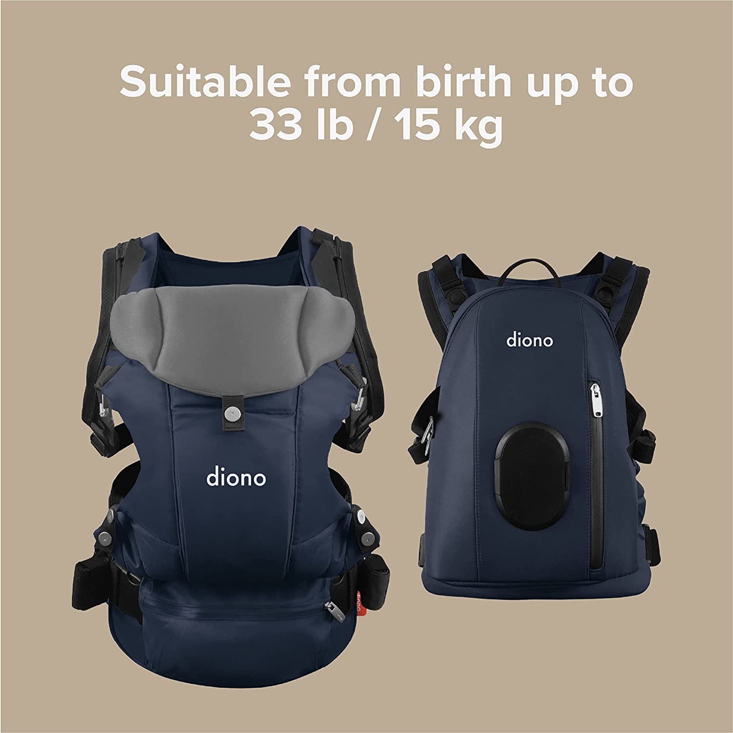 Diono Carus Essentials 3-in-1 Baby Carrier, Front Carry & Back Carry, Newborn to Toddler up to 33 lb