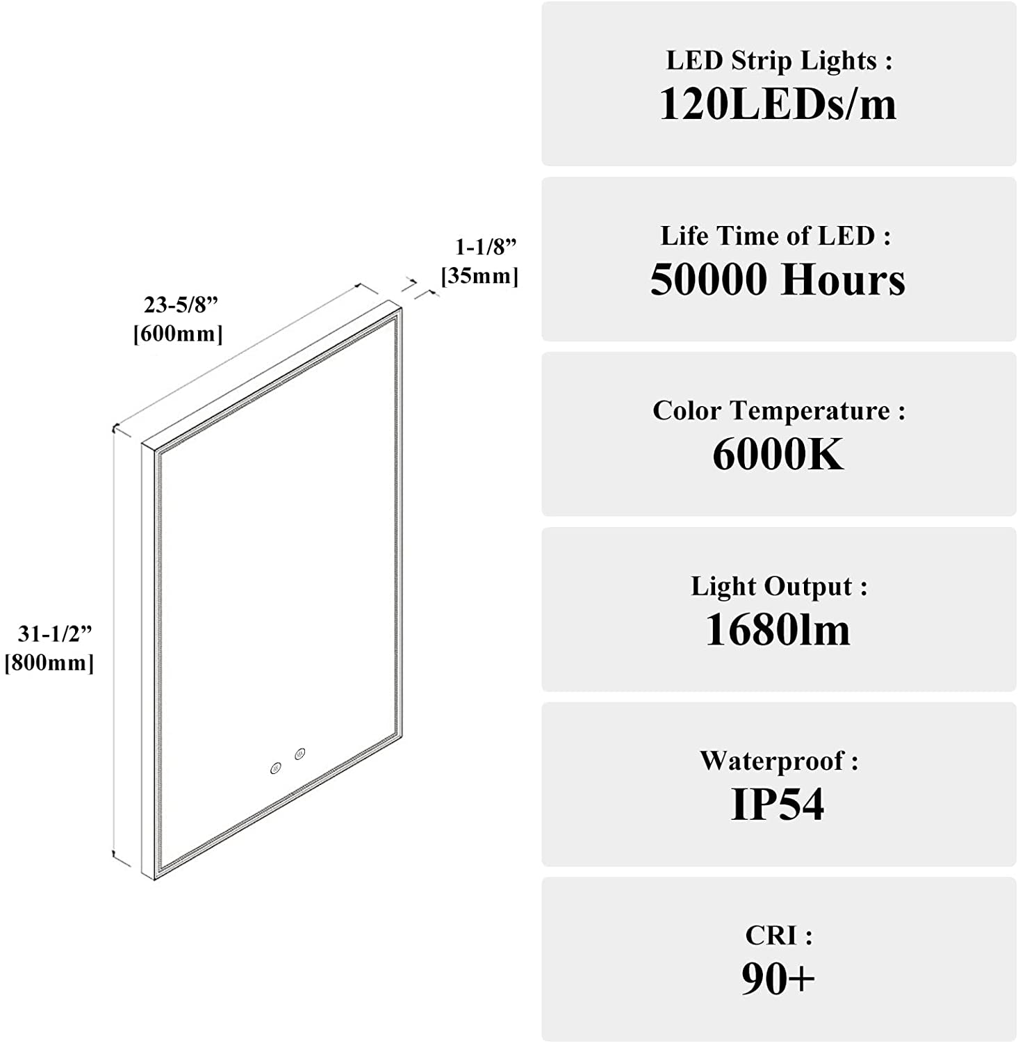 Esforme 32x24 inch LED Bathroom Mirror Anti-Fog Dimmable Memory Function Makeup Wall Mounted 6000K P