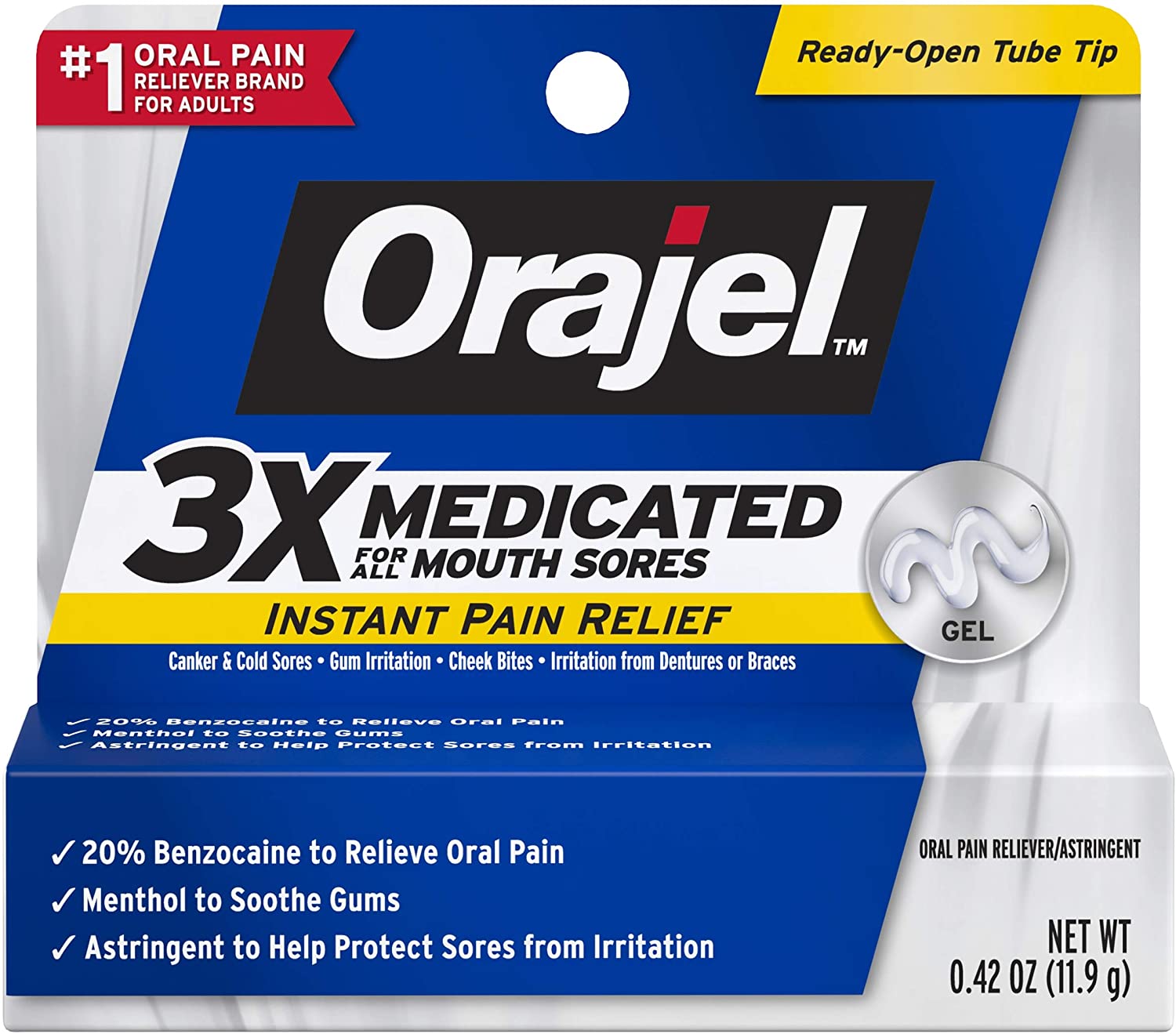 Orajel 3X for Mouth Sores Maximum Strength Gel Tube, 0.42 Ounce