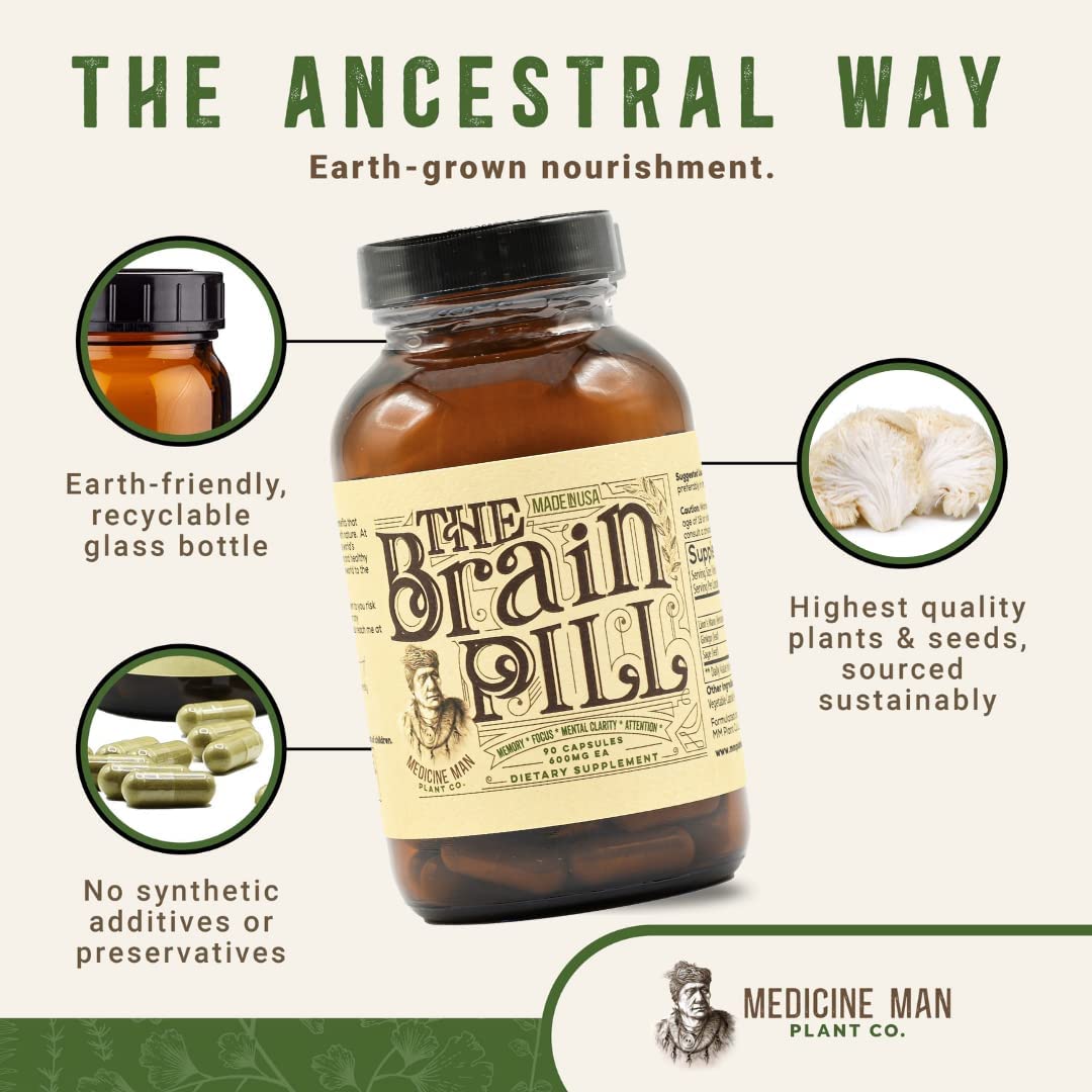 Medicine Man Plant Co. - The Brain Pill – Mental Energy, Memory, Focus, Motivation - Lions Mane, G