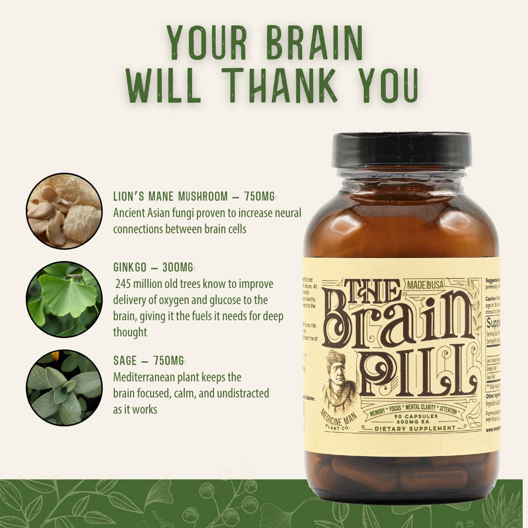 Medicine Man Plant Co. - The Brain Pill – Mental Energy, Memory, Focus, Motivation - Lions Mane, G
