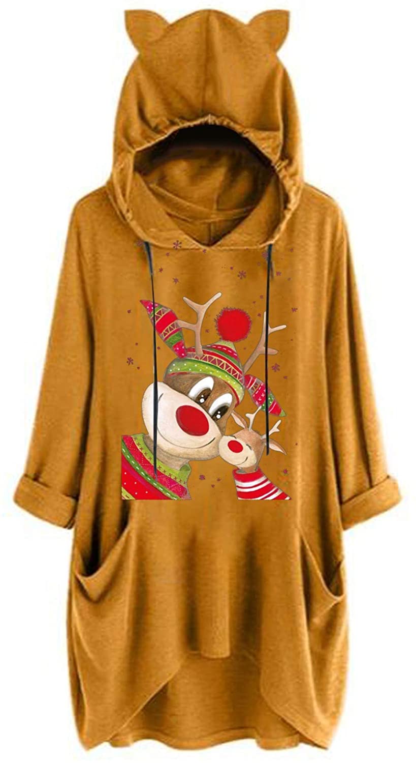 Dosoop Womens Long Sleeve Pocket Tops, Christmas Reindeer Print Hoodie Sweater Sweatshirt Hooded Pul