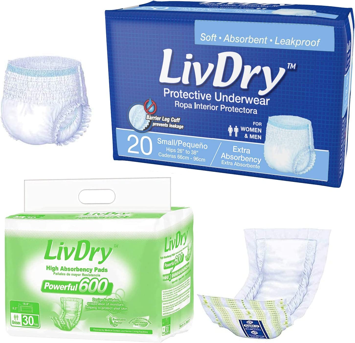 LivDry Adult S Incontinence Underwear + Powerful 600 Booster Pad Inserts for Men and Women | Extra A