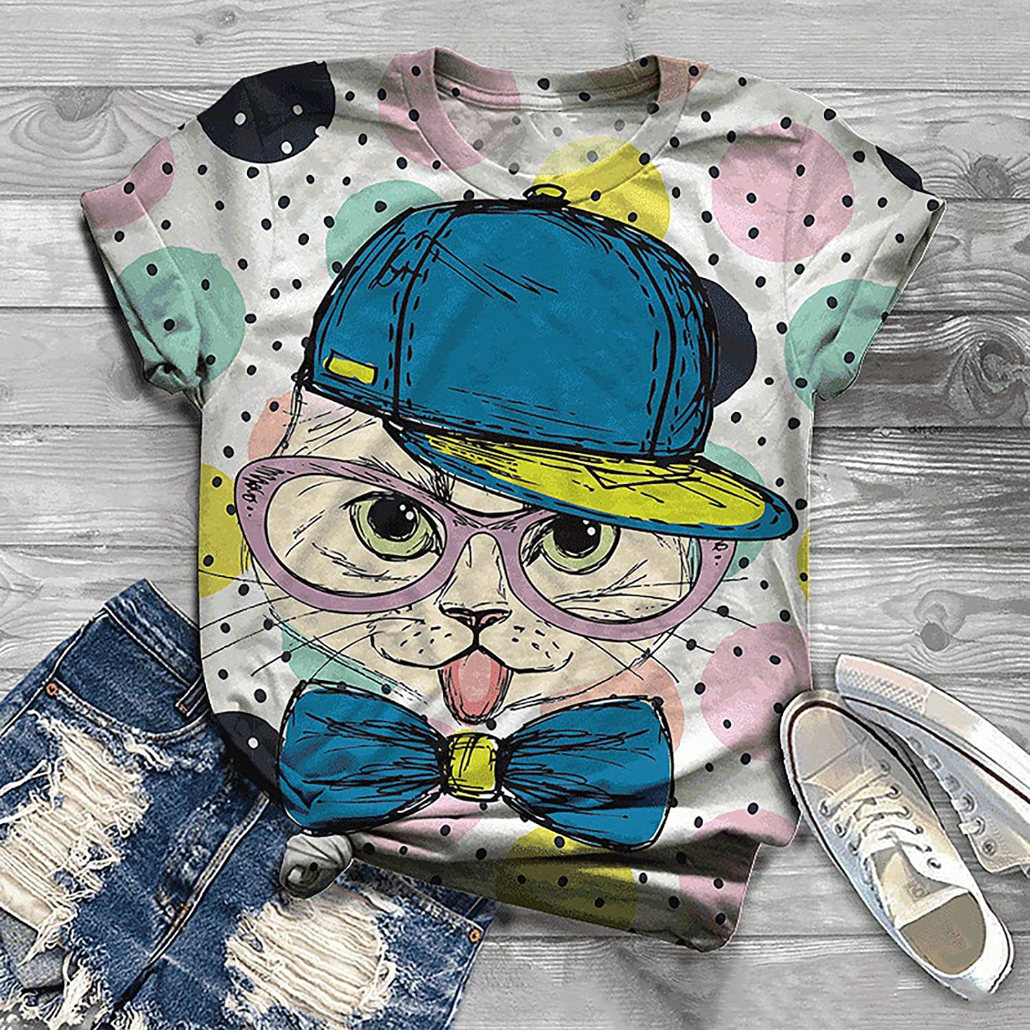 Dosoop 2021 New Cat Graphic Tees Short Sleeve Crewneck T Shirt Fashion Printed Summer Tops Casual Bl