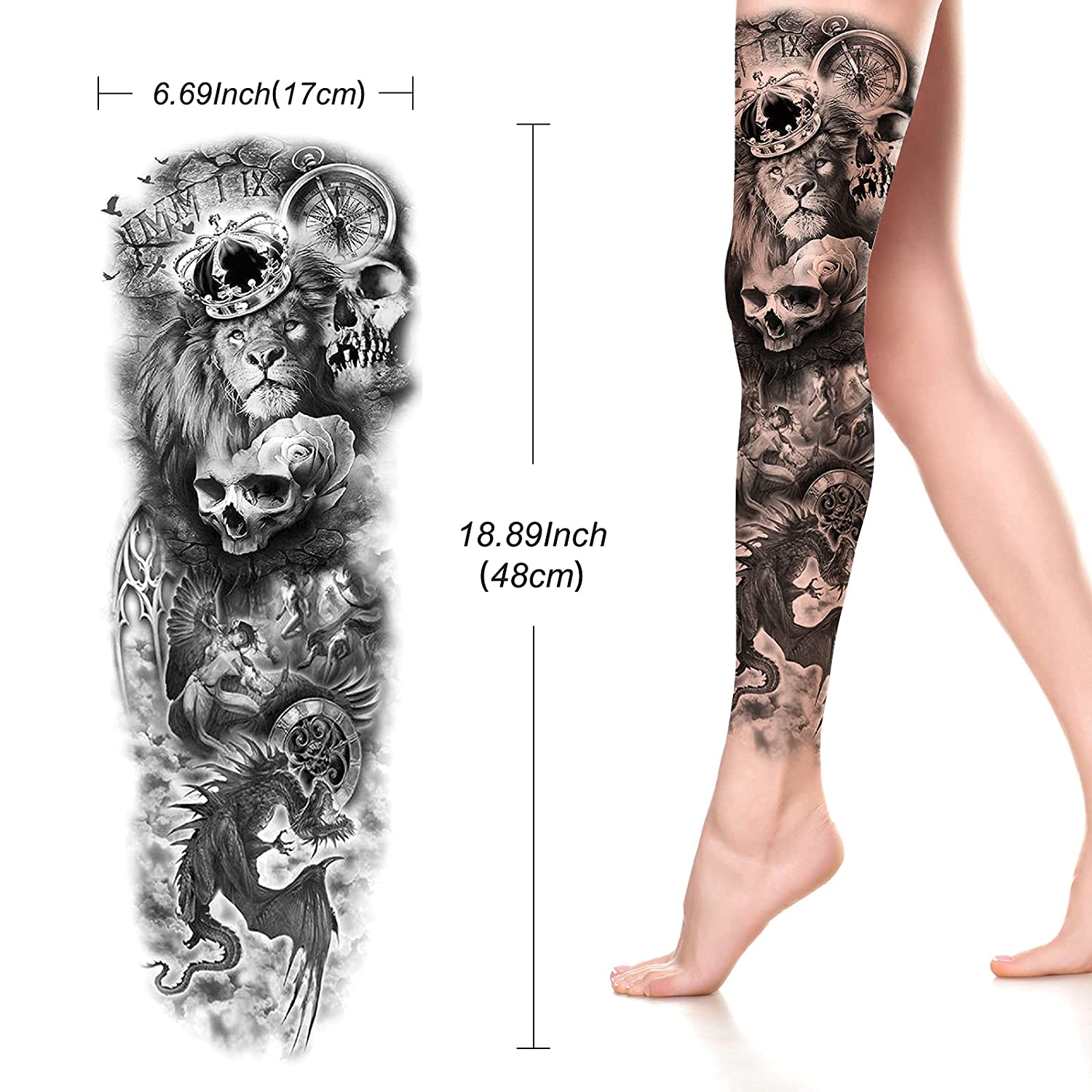 Full Sleeve Temporary Tattoos-Large Waterproof Black Long Full Arm Temp Fake Tattoos Sticker For Adu