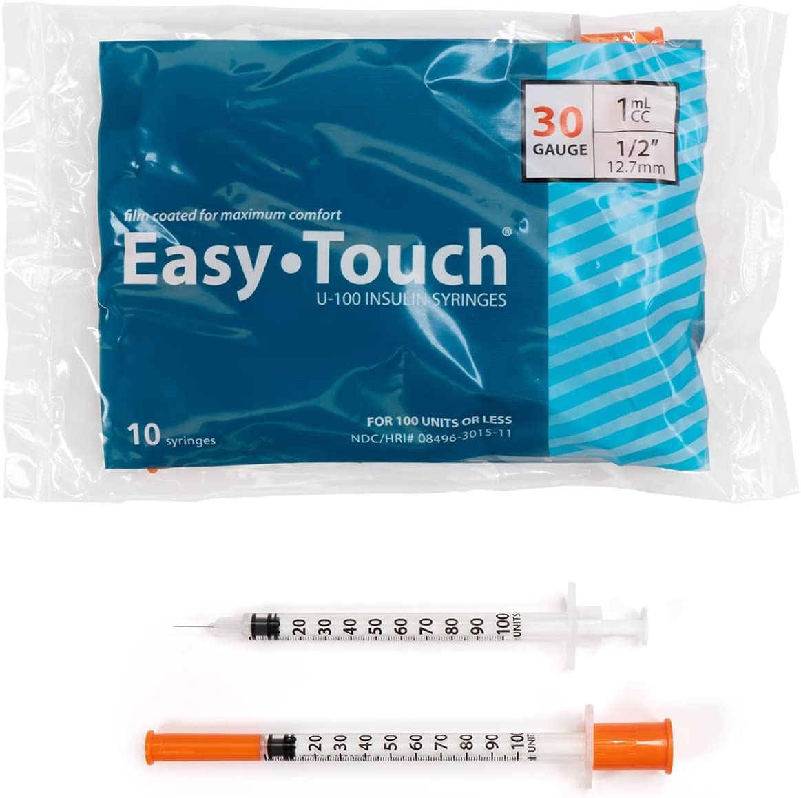 EasyTouch U-100 Insulin Syringe with Needle, 30G 1cc 1/2-Inch (12.7mm), Box of 100