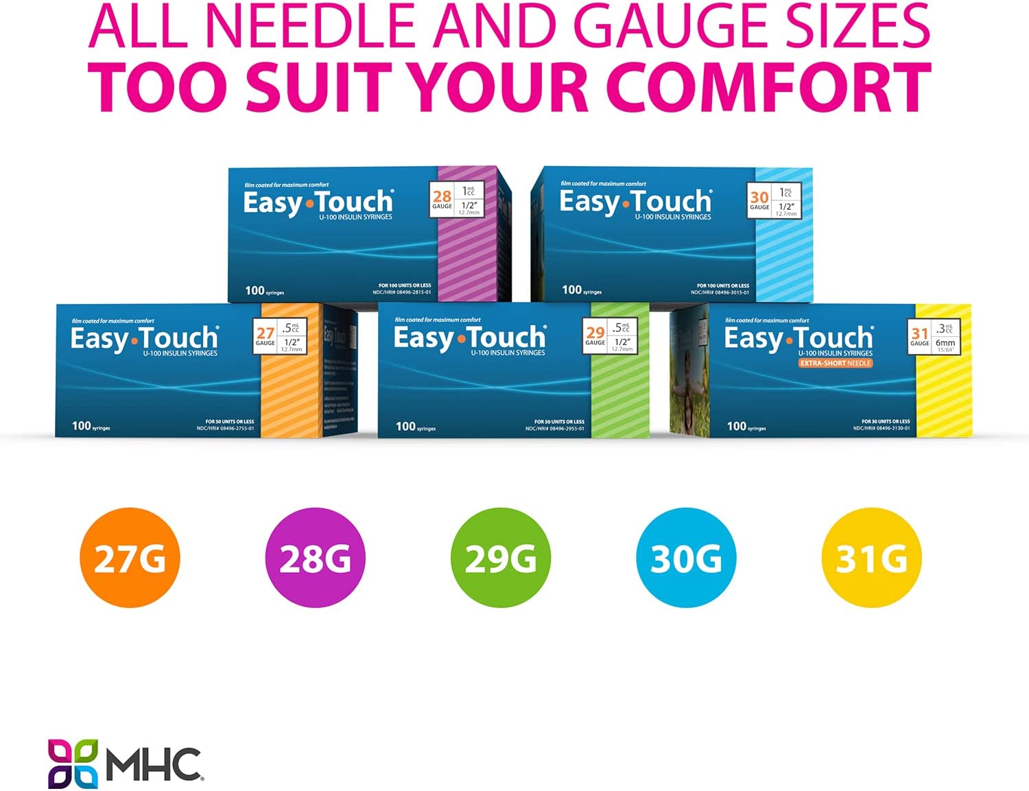 EasyTouch U-100 Insulin Syringe with Needle, 30G 1cc 1/2-Inch (12.7mm), Box of 100