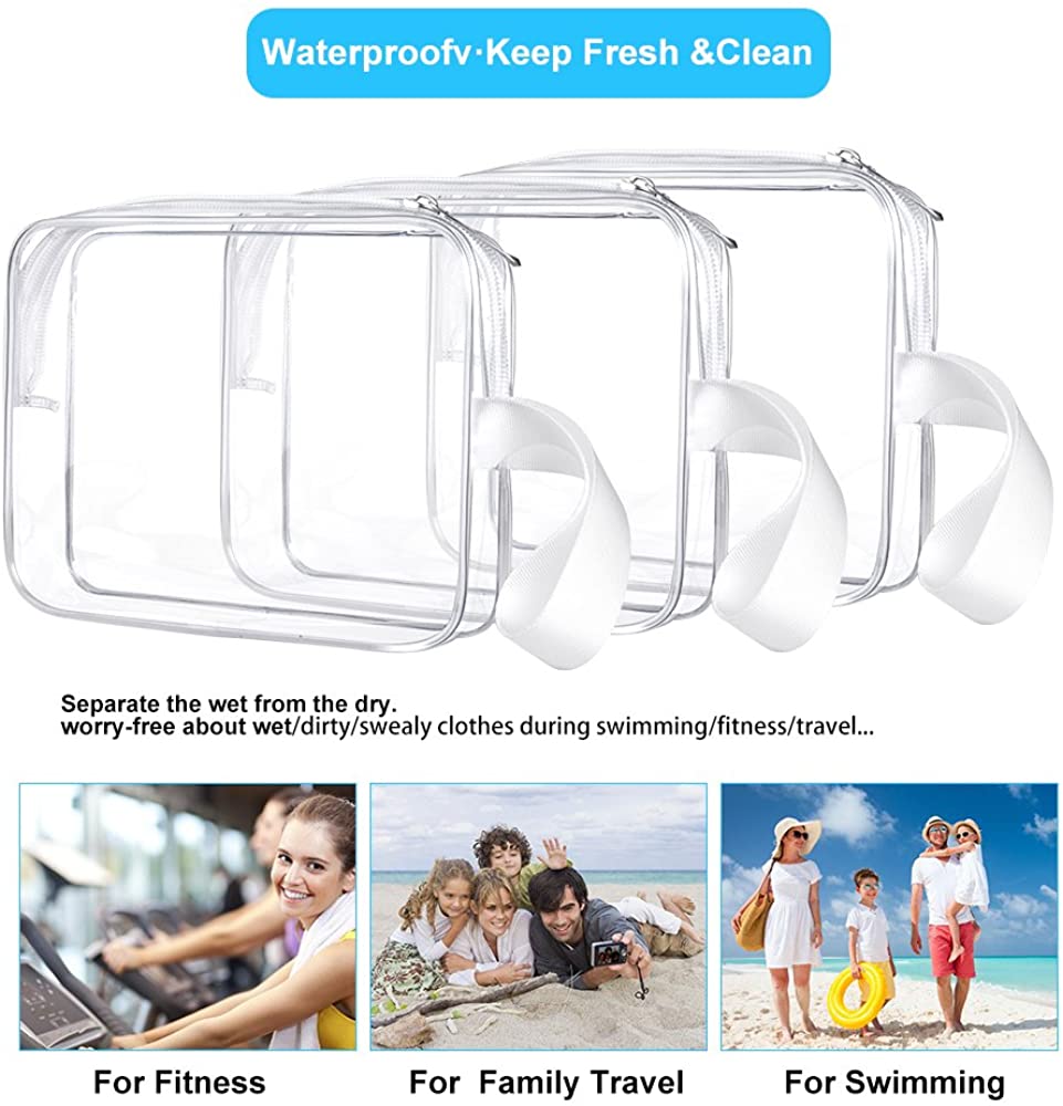 3pcs/pack Sariok Clear Toiletry Bag with Zipper TSA Approved Travel Cosmetic Bag PVC Make-up Pouch H