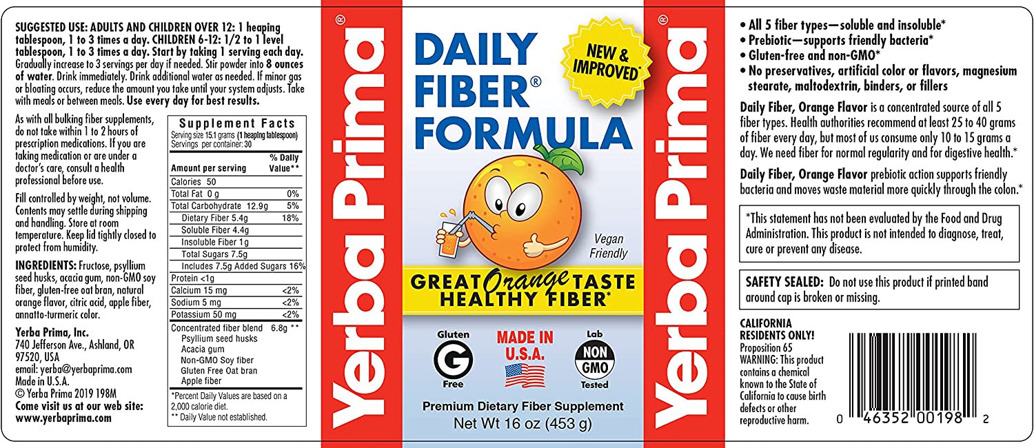Yerba Prima Daily Fiber Formula 16 oz Powder (Pack of 3) - Great Tasting Premium Dietary Fiber Suppl