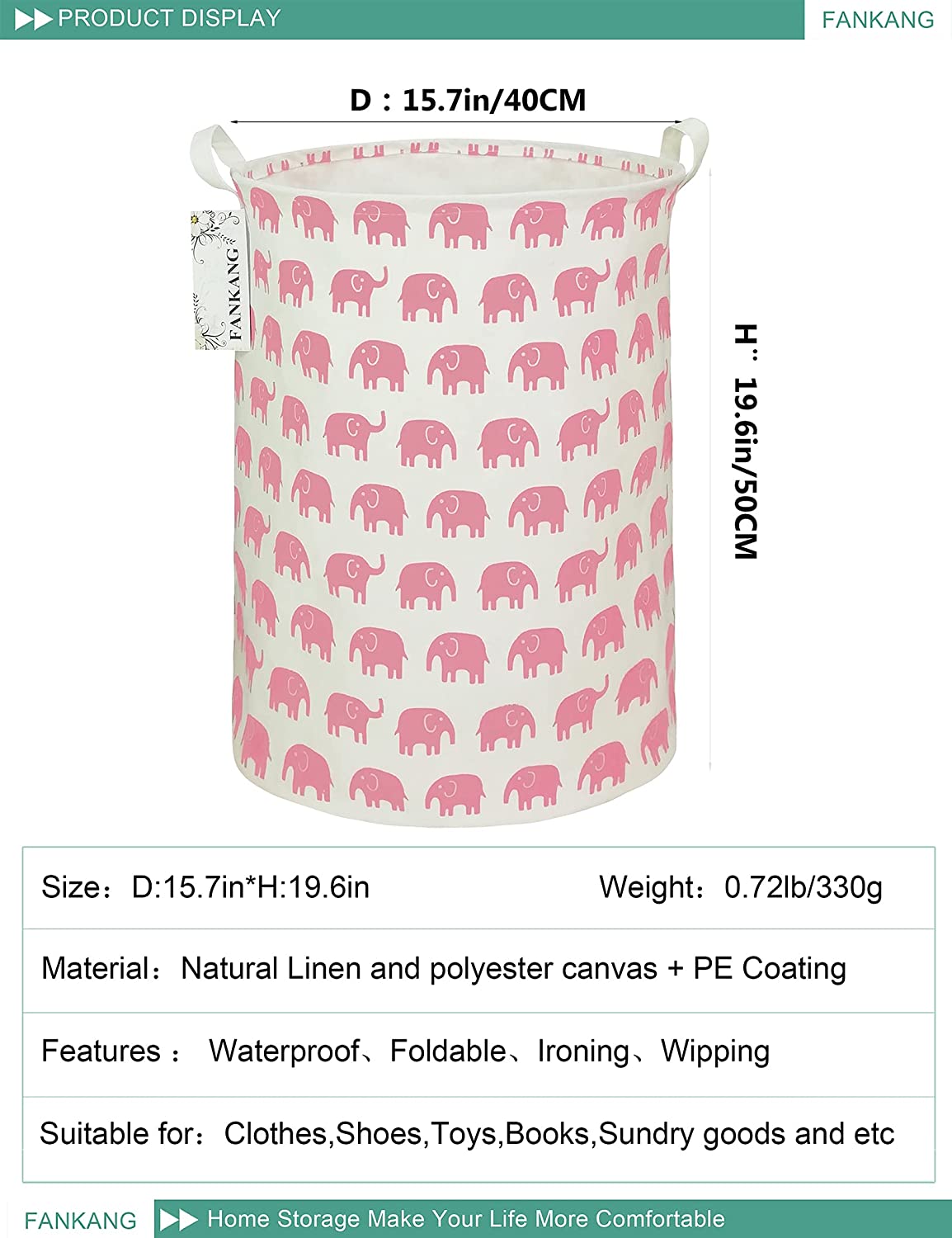 FANKANG Storage Basket, Nursery Hamper Canvas Laundry Basket Foldable with Waterproof PE Coating Lar