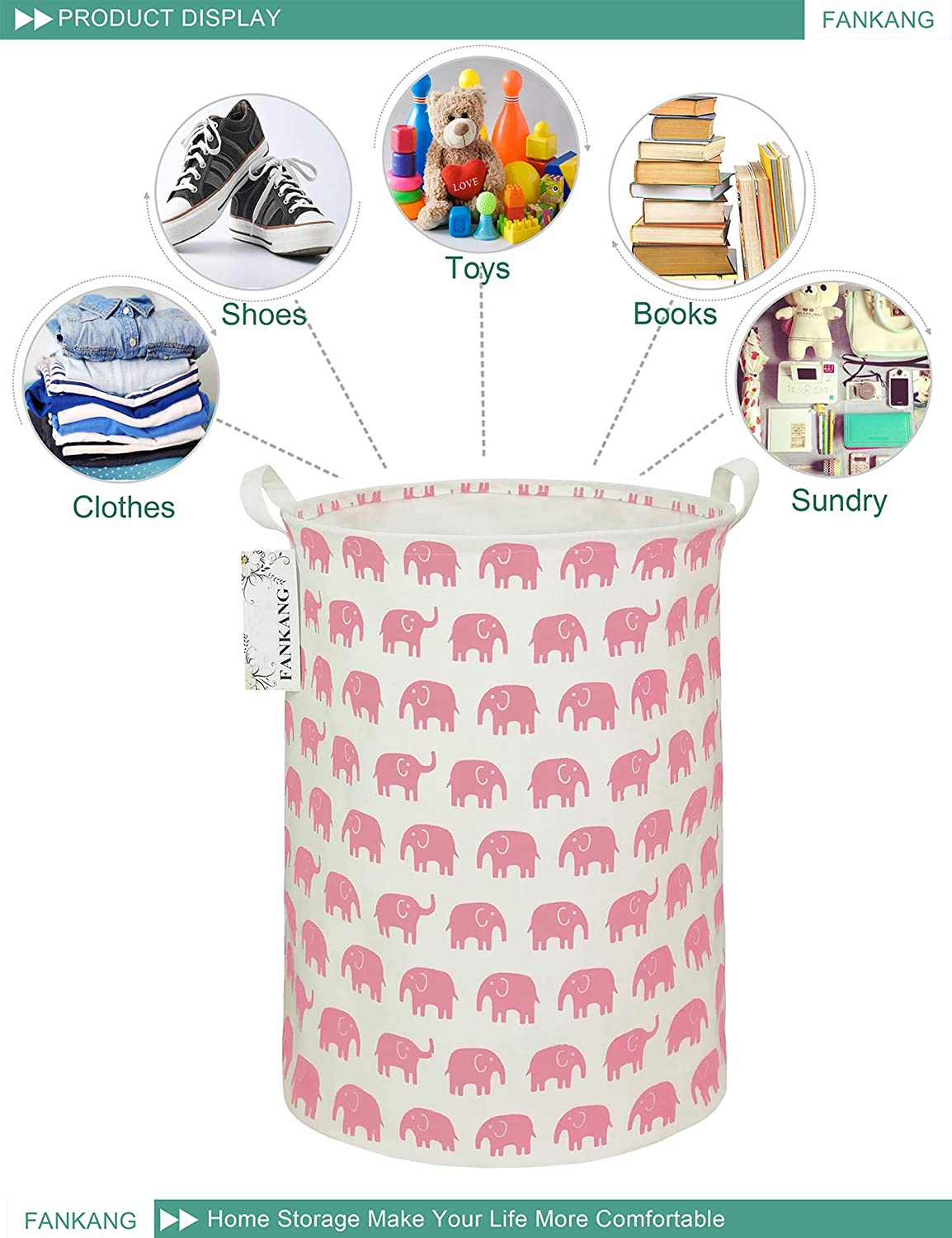 FANKANG Storage Basket, Nursery Hamper Canvas Laundry Basket Foldable with Waterproof PE Coating Lar