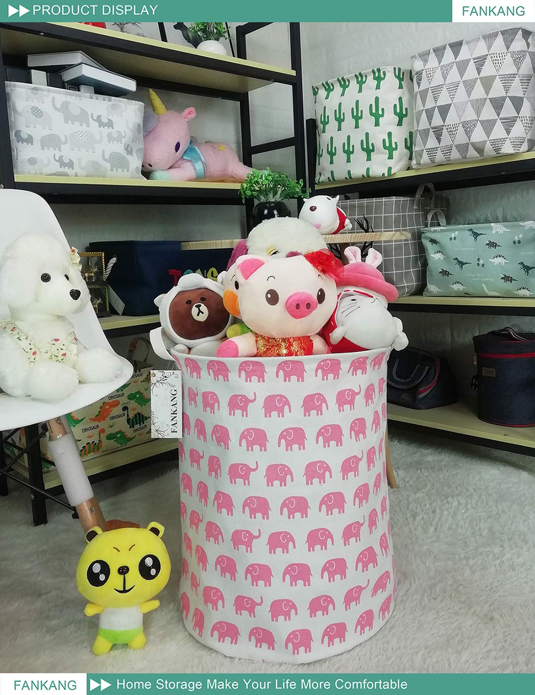 FANKANG Storage Basket, Nursery Hamper Canvas Laundry Basket Foldable with Waterproof PE Coating Lar