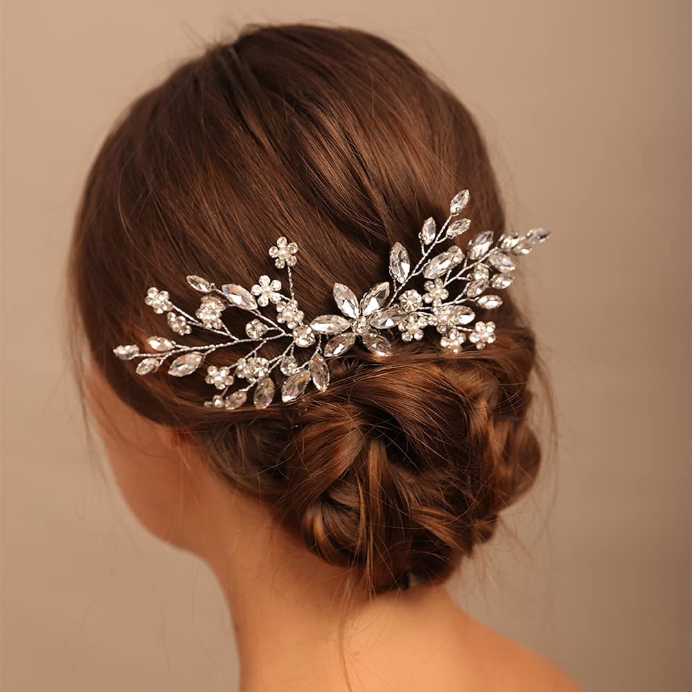 YERTTER Bridal Hair Comb Crystal Bride Wedding Hair Comb Rhinestone Flower Bridal Hair Pieces Pearl 