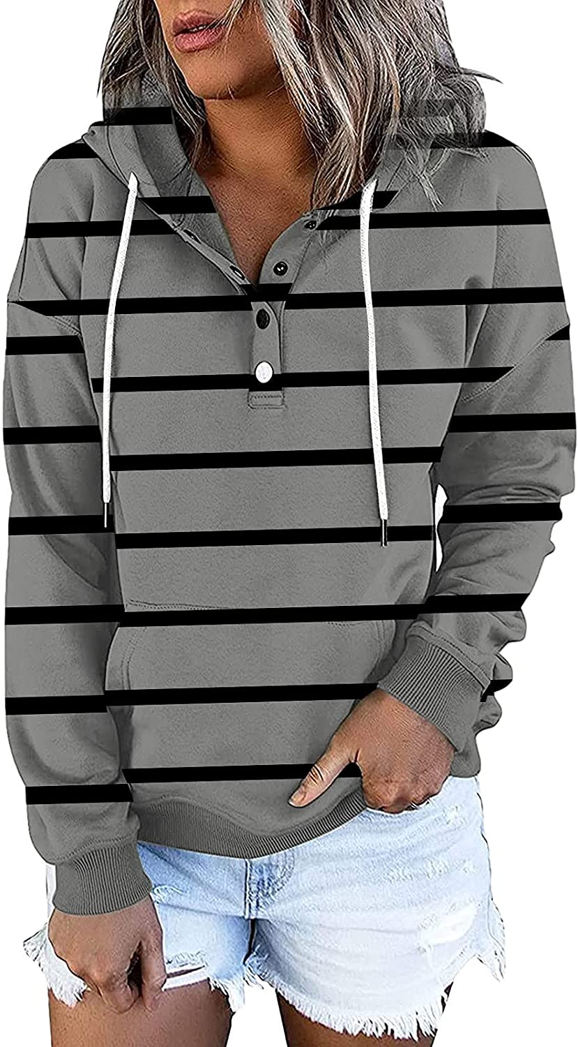 Sweatshirt for Women,Womens Tops Fashion Buttons Pullover Hoodie Autumn Pocket Dark Color Pinstripe 