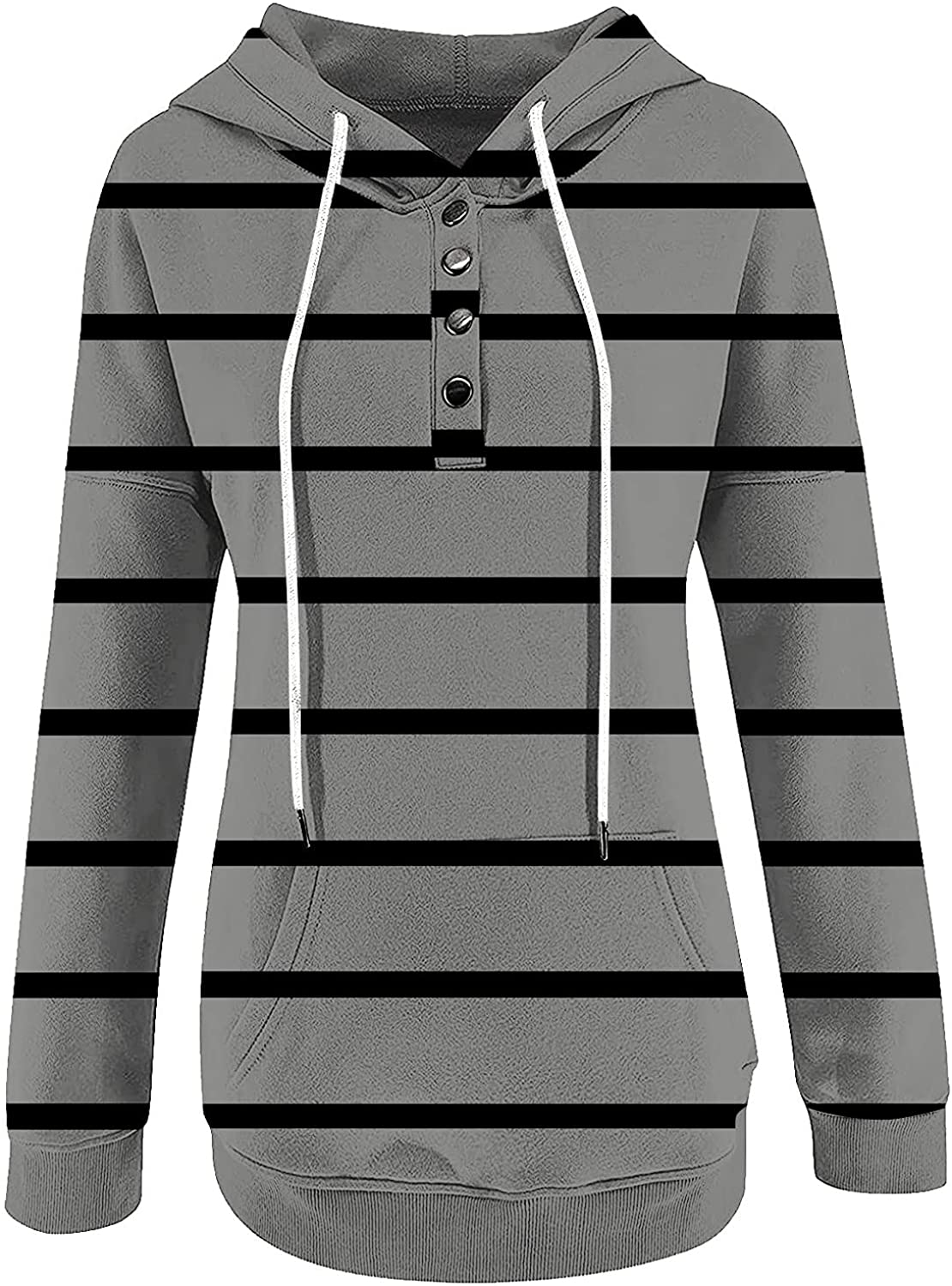 Sweatshirt for Women,Womens Tops Fashion Buttons Pullover Hoodie Autumn Pocket Dark Color Pinstripe 