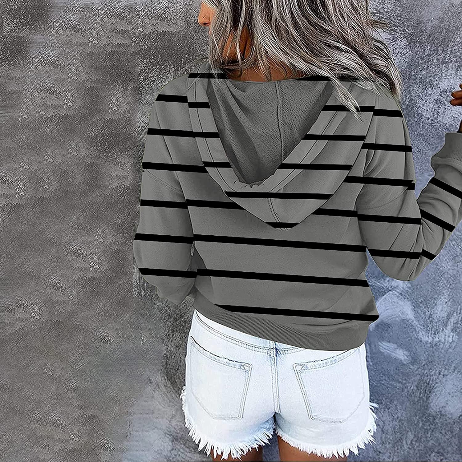 Sweatshirt for Women,Womens Tops Fashion Buttons Pullover Hoodie Autumn Pocket Dark Color Pinstripe 