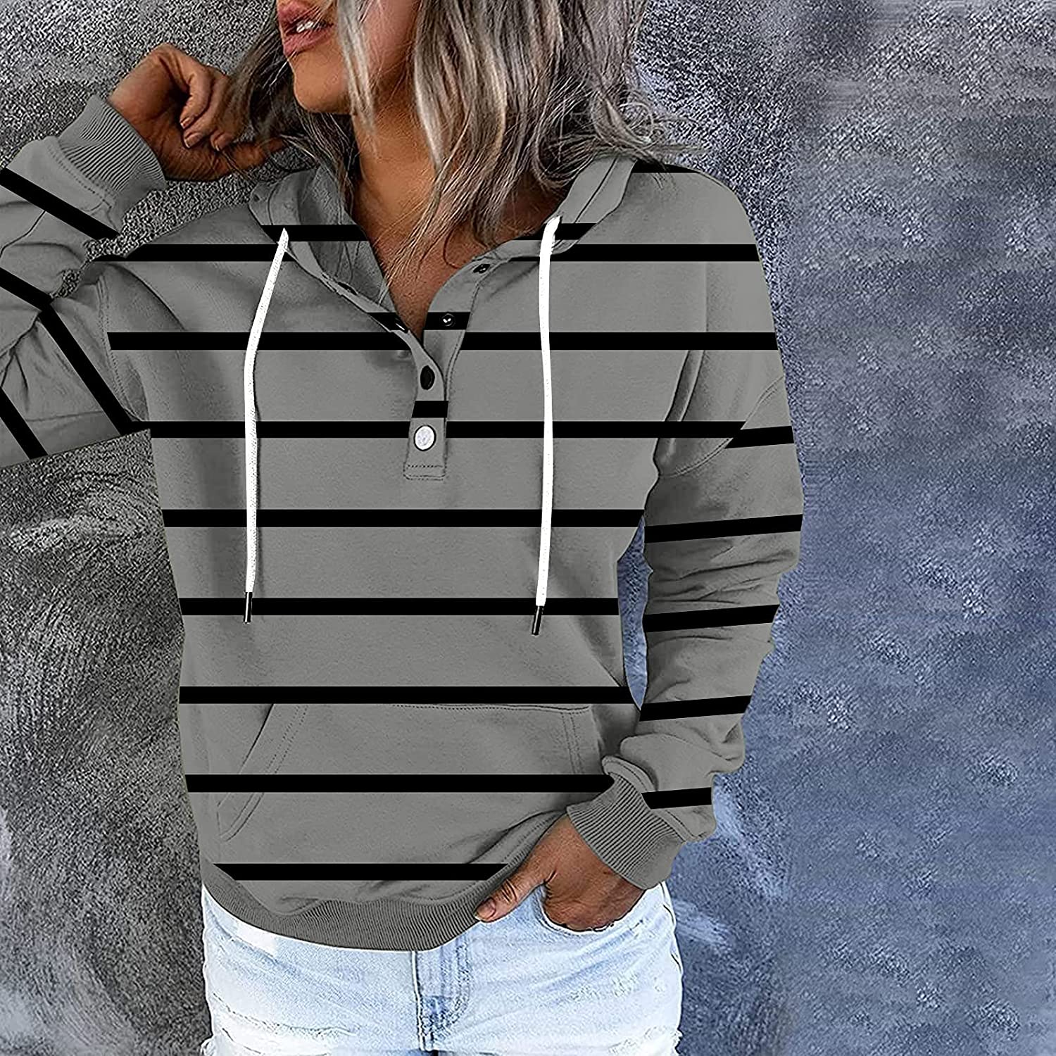 Sweatshirt for Women,Womens Tops Fashion Buttons Pullover Hoodie Autumn Pocket Dark Color Pinstripe 