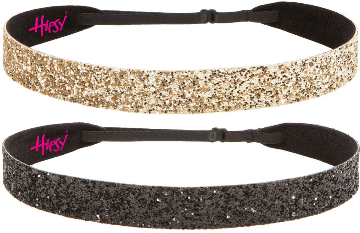 Hipsy Adjustable Non Slip Fashion Wide Bling Glitter Headbands for Women Girls & Teens 2-Pack (Black