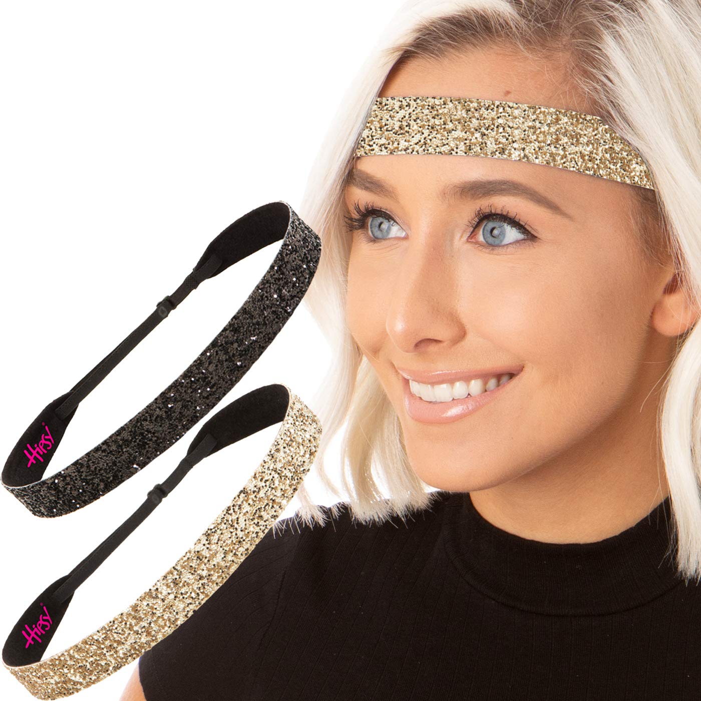 Hipsy Adjustable Non Slip Fashion Wide Bling Glitter Headbands for Women Girls & Teens 2-Pack (Black