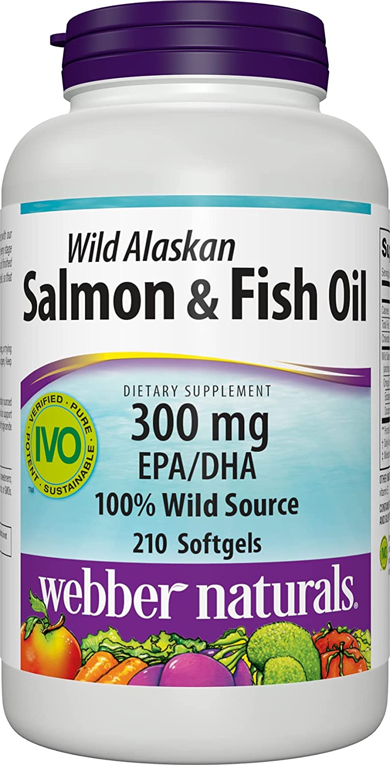 Webber Naturals Fish Oil 1,000 mg with 300 mg of Omega-3 Per Pill, 210 Softgels, for Heart, Brain an