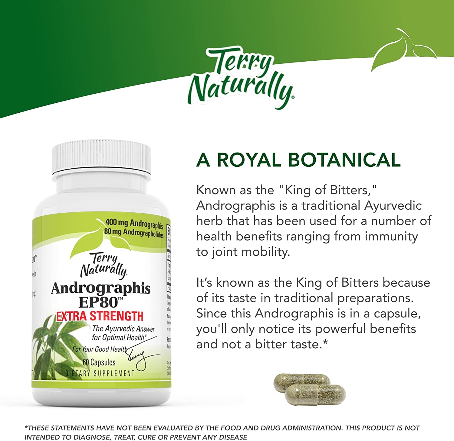 Terry Naturally Andrographis EP80 Extra Strength - 60 Vegan Capsules - Immune Defense Support Supple