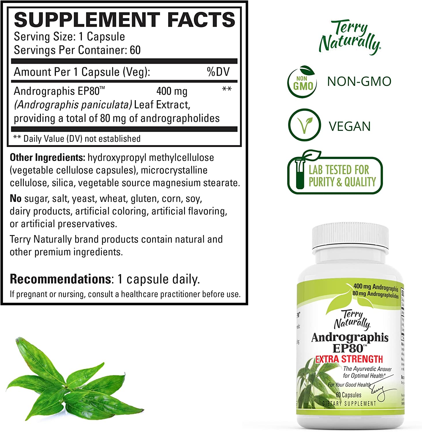 Terry Naturally Andrographis EP80 Extra Strength - 60 Vegan Capsules - Immune Defense Support Supple