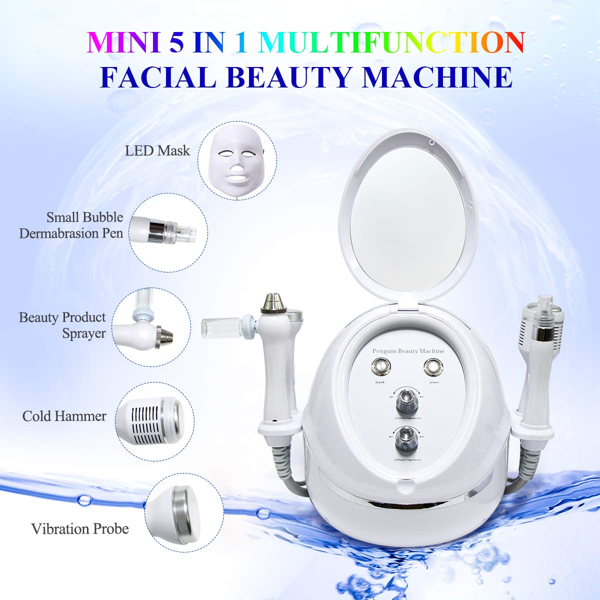 Mini Hydrogen Oxygen Facial Beauty Machine, FAZJEUNE 5 in 1 Face Skin Rejuvenation Massager 7 Color 