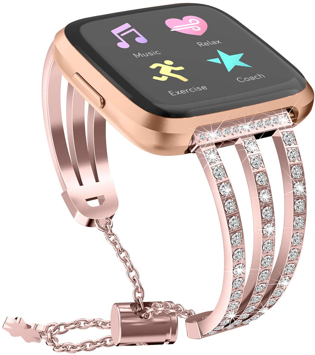 Bling Wristband for Fitbit Versa,elecfan Metal Bracelet Rhinestone Wristband Stainless Steel Rhinest