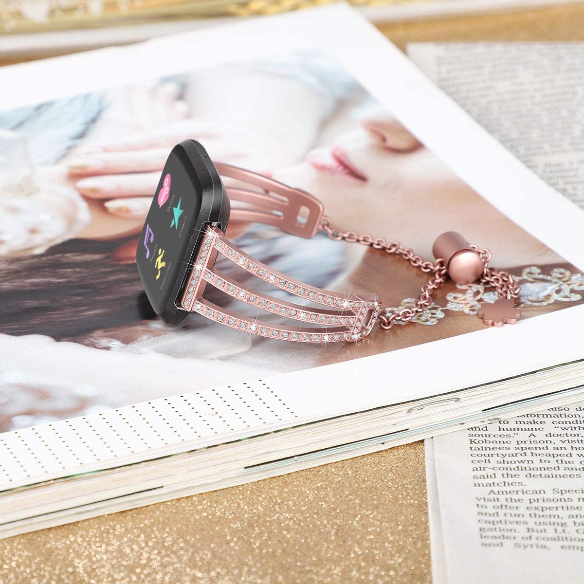 Bling Wristband for Fitbit Versa,elecfan Metal Bracelet Rhinestone Wristband Stainless Steel Rhinest