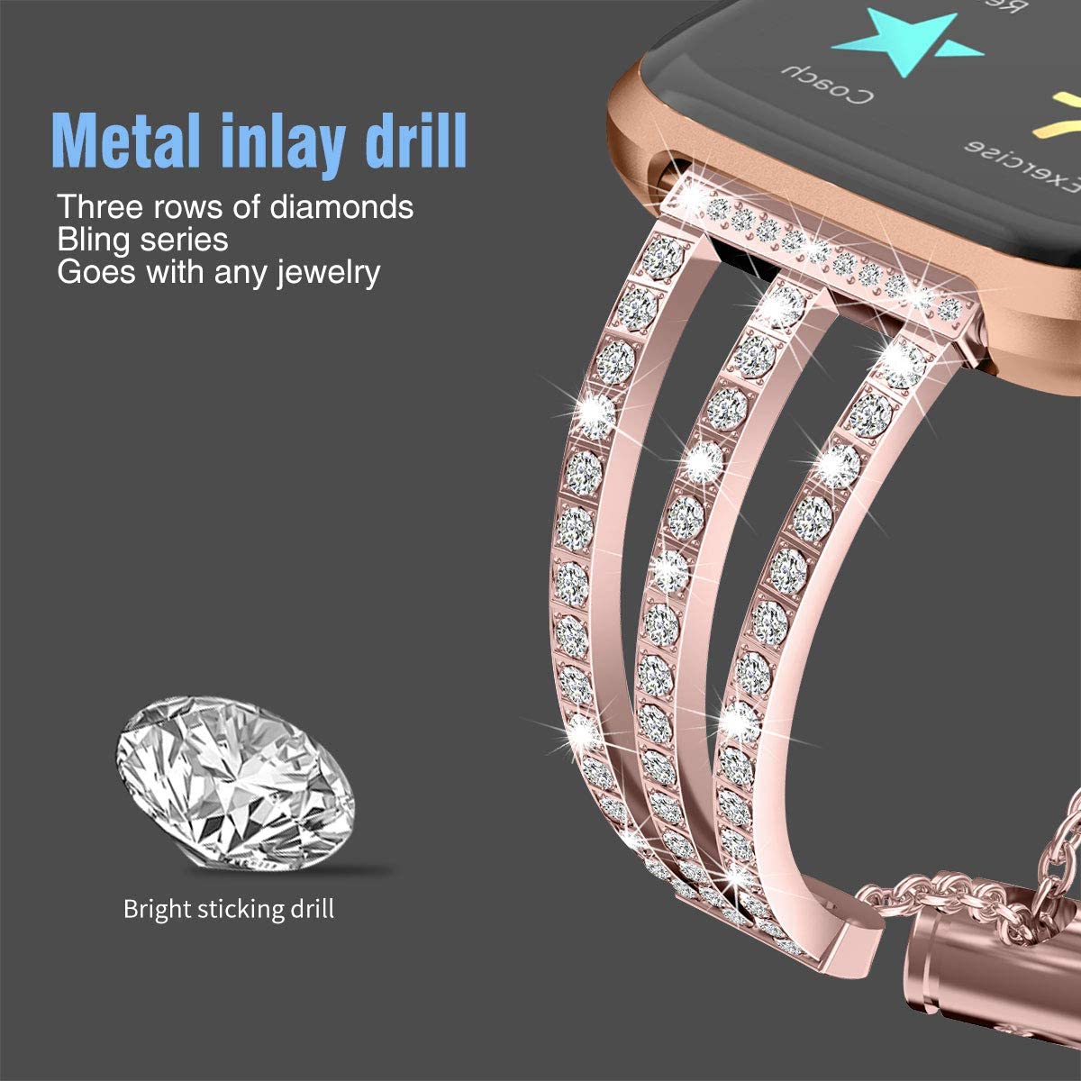 Bling Wristband for Fitbit Versa,elecfan Metal Bracelet Rhinestone Wristband Stainless Steel Rhinest