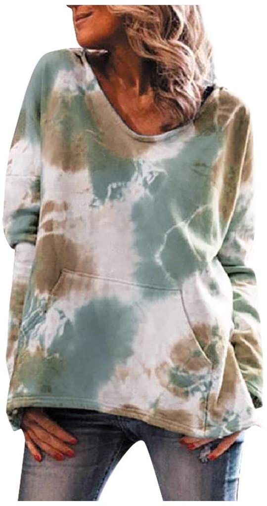 Dosoop Women Casual Loose Tie Dye Print Pullover Tops Hooded Front Pocket Long Sleeve Sweatshirt T-S