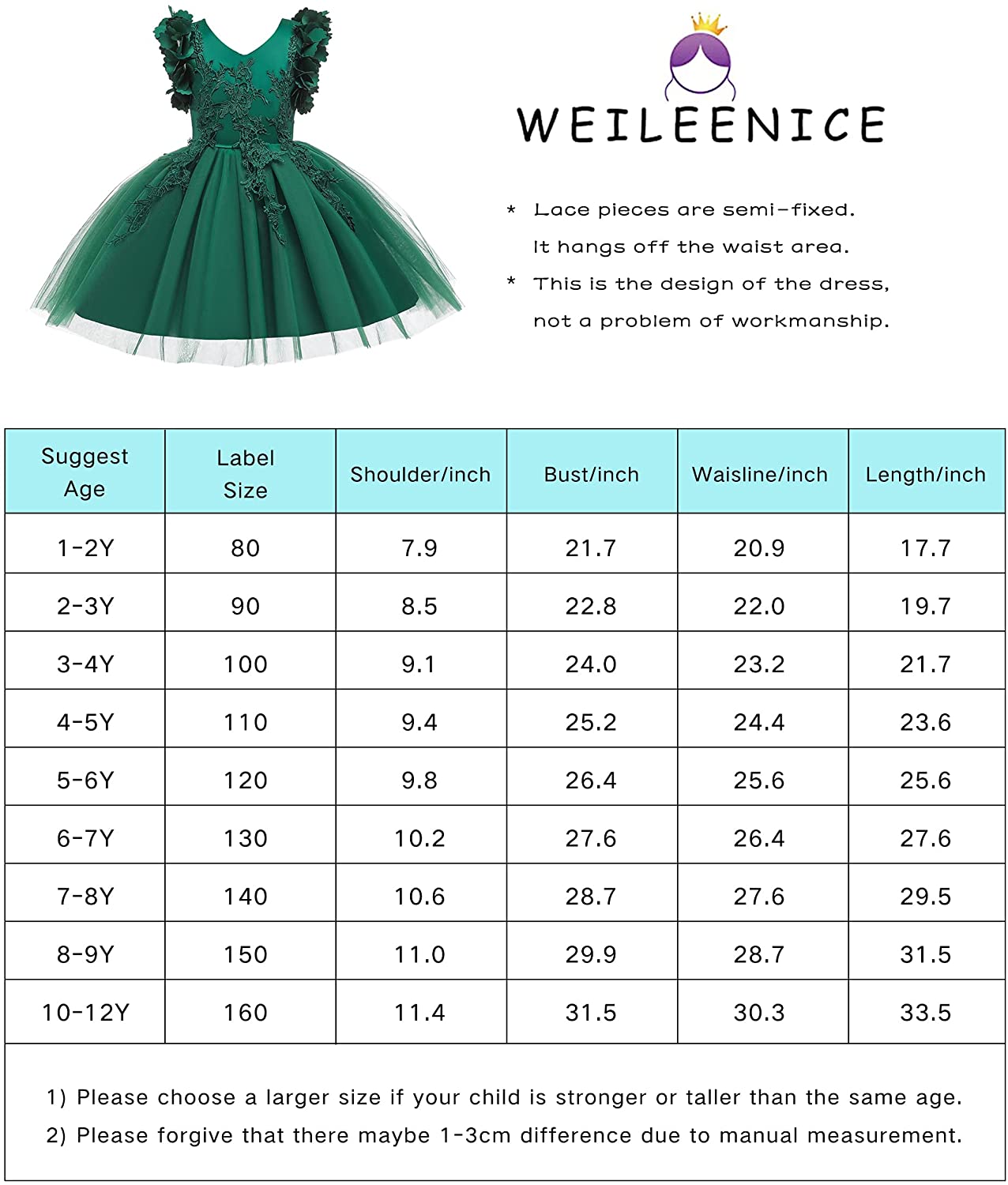 Weileenice Flower Girl Lace Dress Pageant Kids Wedding Christmas Holiday Party Dresses